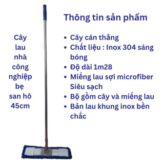 Hỏa Tốc-Cây lau nhà công nghiệp bẹ san hô 45cm lau siêu sạch bản khung inox cây cán thẳng dài 1m28