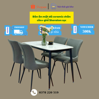 Bàn ăn mặt đá phiến kết hợp cùng ghế Royal sọc ( sheraton sọc) - Bộ bàn ăn 4 ghế 6 ghế 8 ghế
