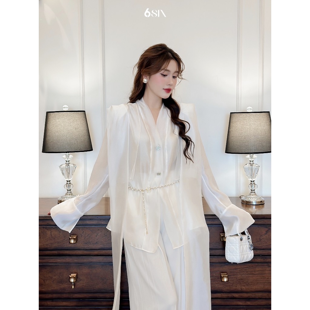 Áo tơ cổ V vạt dài + Quần suông cạp liền