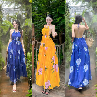 [FREESHIP] Đầm maxi hoa màu cổ yếm đi biển