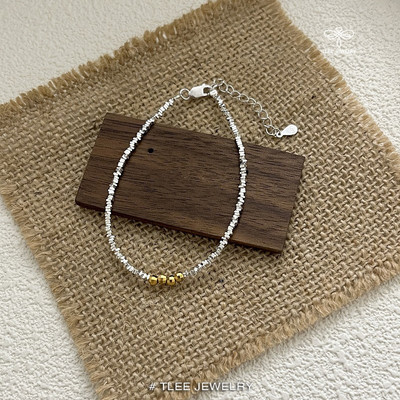 Lắc tay bạc nữ TLEE hạt bạc vỡ mix ba charm bi trơn mạ vàng lấp lánh TLEE JEWELRY LT0252