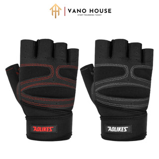 Găng Tay Tập Gym Hở Ngón Aolikes Hít Xà Đơn Đệm Silicone Chống Trượt Dây Quấn Trợ Lực Cổ Tay AL109
