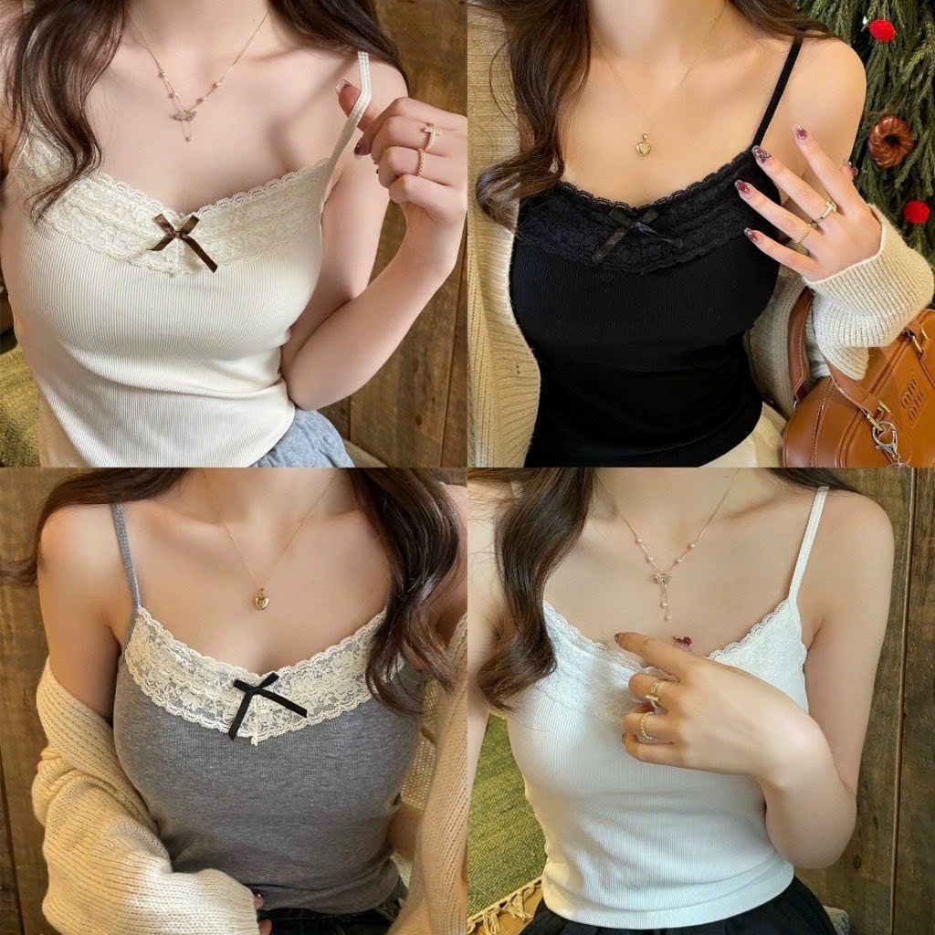 Áo Bra 2 Dây Cotton Thun Tăm Dáng Dài Kèm Mút Ngực Phối Viền Ren Đính Nơ 283
