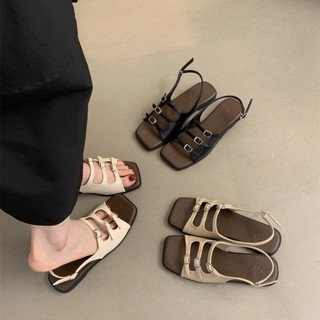 Dép sandal nữ đế bệt 3 khuy, quai hậu chất da đế thấp, thời trang hàn quốc sang chảnh SAKI