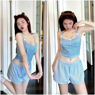 Bộ đùi ngủ - mặc nhà vuông xanh áo cotton quần đùi vải kate Quảng Châu cao cấp
