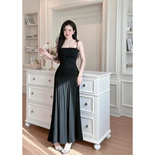   Có BigSize  Đầm Váy Maxi Thun Đen Kết Nơ Bướmm 2 Dây Nhún Eo Xoắn Lưng UnihomeClothing CT161 