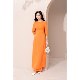 Áo dài trơn cochil lụa nhật màu cam cổ tròn tay lỡ - ad010