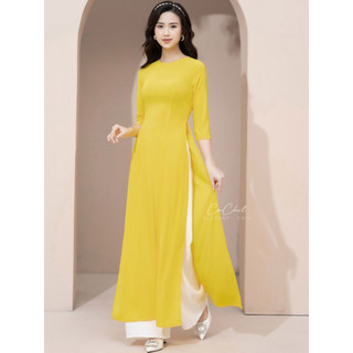 Áo dài trơn cochil lụa nhật màu vàng cổ tròn tay lỡ - ad010