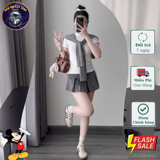 Set Áo Thun Basic Ôm Eo Váy Ghi Mix Khăn Xám 💙 Chất Dày Dặn, Ôm Dáng, Thoáng Mát, Sexy Girl