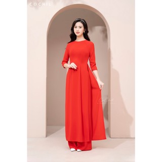 Áo dài trơn cochil lụa nhật màu đỏ cổ tròn tay lỡ - ad010