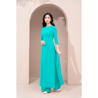 Áo dài trơn cochil lụa nhật màu xanh ngọc lam cổ tròn tay lỡ - ad010