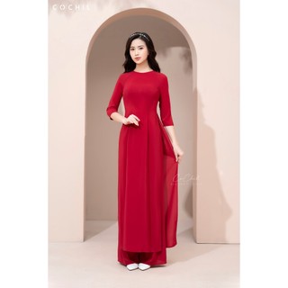 Áo dài trơn cochil lụa nhật màu đỏ đô cổ tròn tay lỡ - ad010
