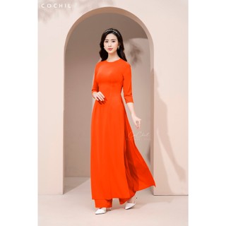 Áo dài trơn cochil lụa nhật màu cam đỏ cổ tròn tay lỡ - ad010
