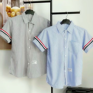 Áo Sơ Mi Nam Ngắn Cao Cấp Phối Kẻ Sọc Viền Tay Chuẩn Đẹp Như Hình.