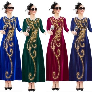 Đầm dạ hội trung niên đi tiệc vải nhung ép cườm đá tay lỡ sang trọng, Đầm dạ hội nhung đi tiệc tay lỡ đính đá sang trọng