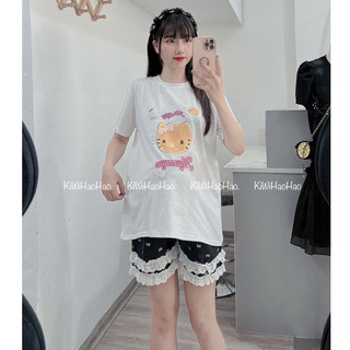 Bộ bầu cottong áo cộc mèo quần đùi nơ ren trắng xinh
