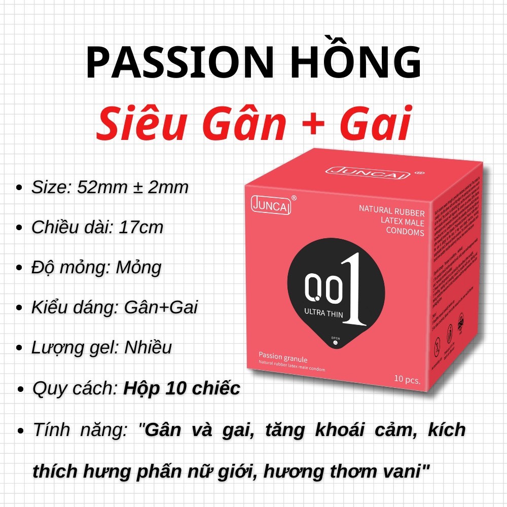 Bao cao su Siêu mỏng, Gai nhỏ Li ti tăng cảm giác, Nhiều gel bôi trơn JUNCAI 001 Passio Granule - Hộp 10 cái