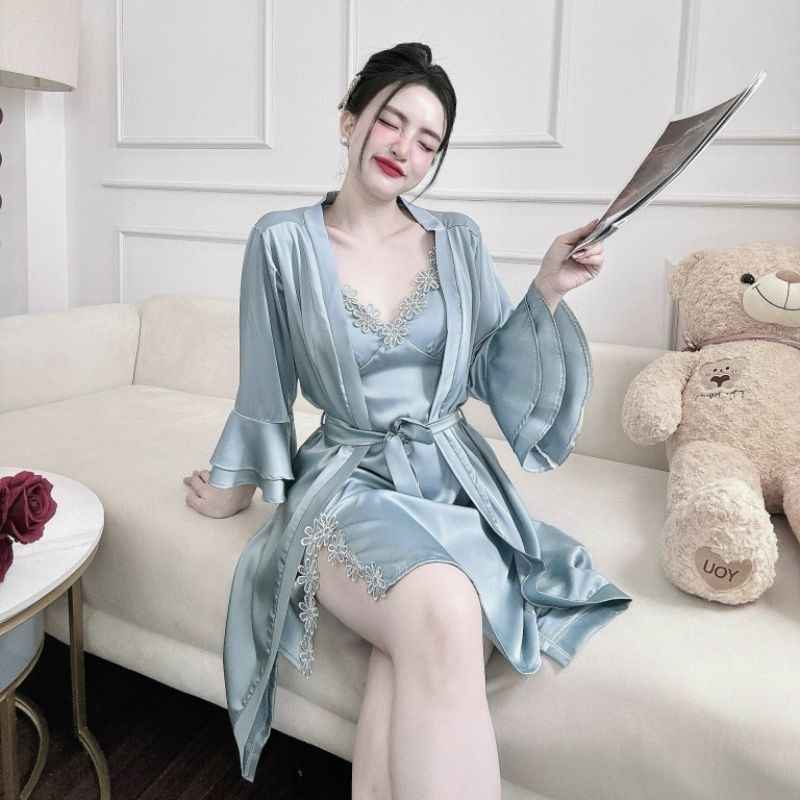 Đồ ngủ sexy Đầm ngủ có mút ngực kèm áo choàng gợi cảm lụa latin hàng thiết kế siêu sang