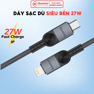 Dây sạc nhanh PD 27W Basefast Cáp bọc dù siêu bền đầu kim loại chống gãy gập cho iP 11 12 13 14 pro max