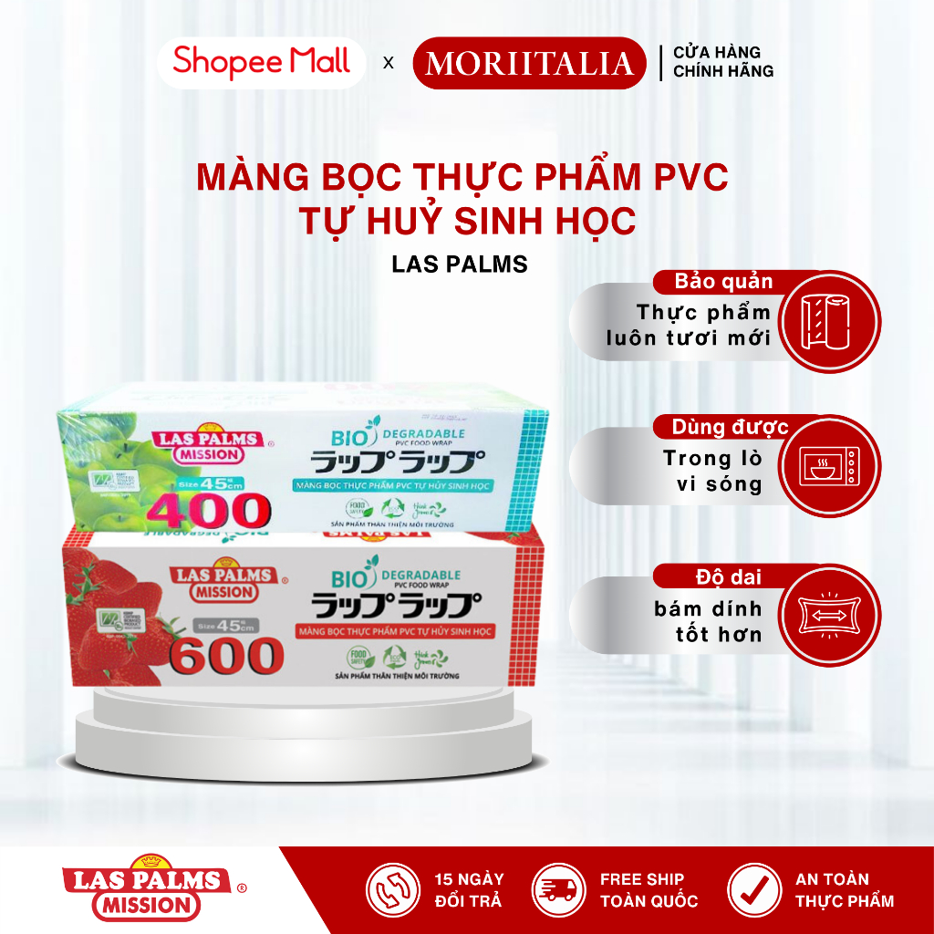 Màng bọc thực phẩm PVC TỰ HUỶ SINH HỌC Las Palms, 45cm x 500m, Nguyên liệu nhập khẩu Hàn Quốc