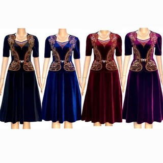 Đầm nhung trung niên đi tiệc hoa ép đá dáng vest che bụng bigsize 75kg, Đầm trung niên đi tiệc vải nhung ép đá cao cấp