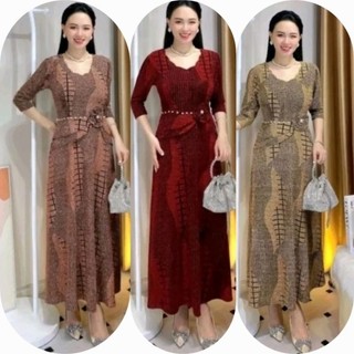 Đầm dạ hội trung niên đi tiệc thun kim sa cổ sóng nước phối vạt che bụng size lớn 75kg, Đầm trung niên dạ hội bigisze