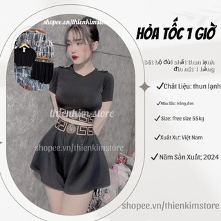 Sét đồ bộ nữ áo thun nữ fom coroptop đính nút vai kèm quần đùi ống xuông cực sang