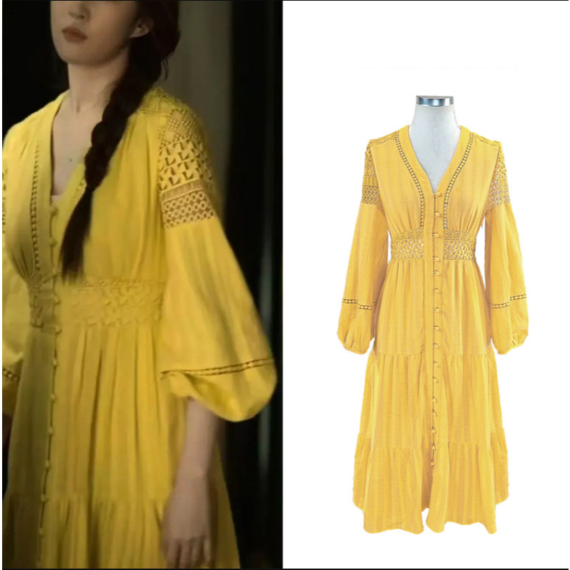 Câu Chuyện Hoa Hồng Lưu Diệc Phi Hoàng Diệc Mai Cùng Phong Cách Váy Màu Vàng Tay Dài Giảm Eo Cho Nữ 