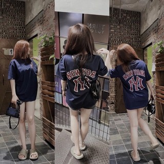 Áo thun tay lỡ  nam nữ unisex MLB NEW.YORK màu xanh than hottrend chất cotton cao cấp đl 250gsm