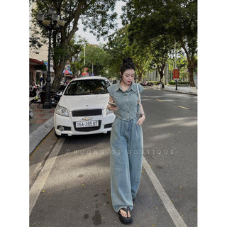 Set bò kèm đai quần dáng rộng áo bò cổ somi