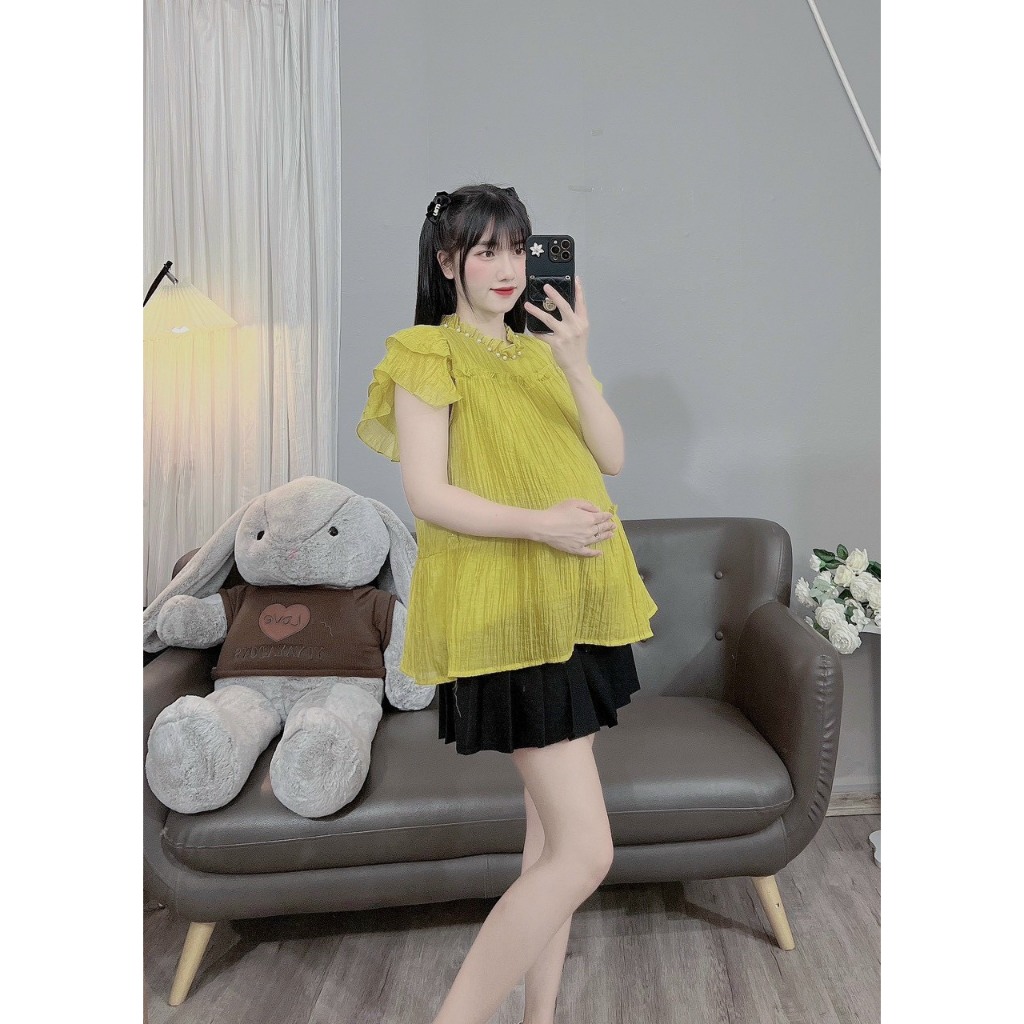 Áo bầu thiết kế cộc tay cánh tiên cổ ngọc, áo bầu babydoll chất liệu tơ nhăn 2 lớp siêu xinh giá tại xưởng