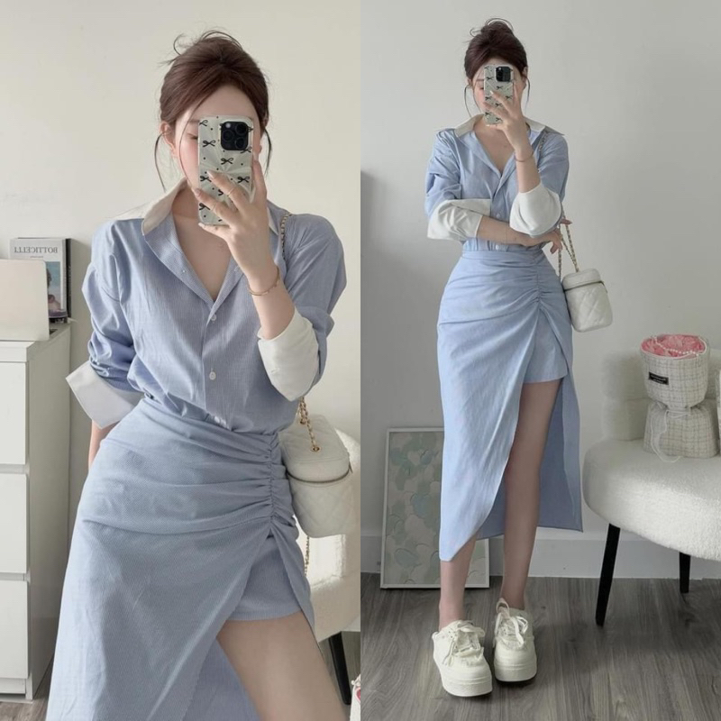Set 2 món sơ mi chân váy vạt chéo