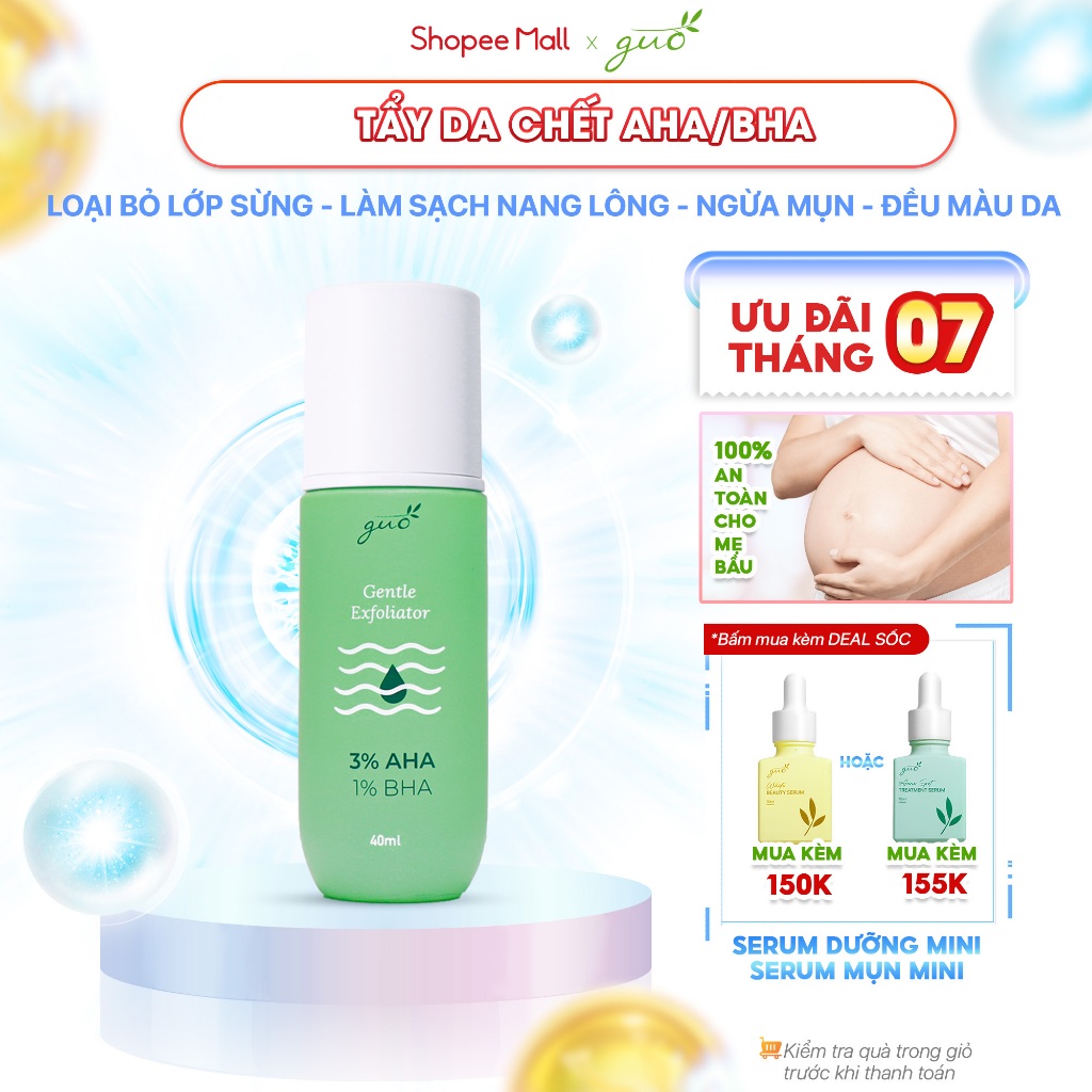Tẩy Tế Bào Chết An Toàn Cho Mẹ Bầu Sạch Sâu Lỗ Chân Lông, Mềm Mịn Da, Aha 3% & Bha 1% Guo 40Ml