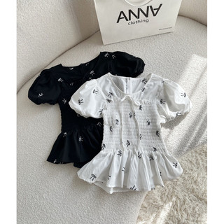 Áo kiểu nhún chỉ thêu nơ Anna - Nabi Top
