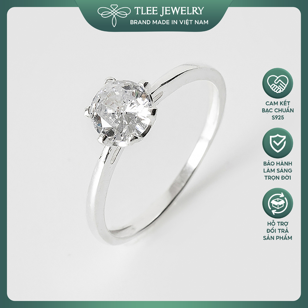 Nhẫn bạc nữ TLEE trụ đá sáu chấu vuông viền trơn TLEE JEWELRY A0274