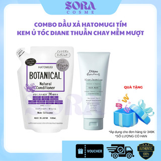  DẦU XẢ HATOMUGI BOTANICAL TÍM Nhật Bản kiềm dầu phồng tóc 400ml + Kem Ủ Tóc Diane Bonheur Blue Jasmine Nhật Bản