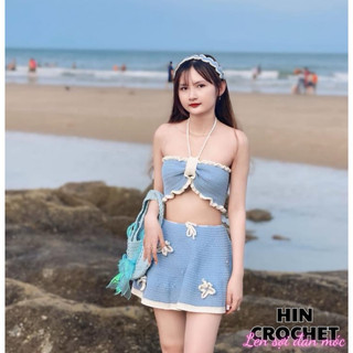 HIN crochet Set len móc bèo xanh blue