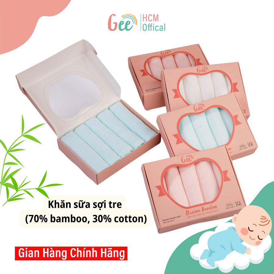 Khăn Sữa Sợi Tre Cao Cấp Cho Bé Gee, Set 5 Khăn xô đa năng 30x30cm khăn 2 lớp, Mềm Mại, Kháng Khuẩn,