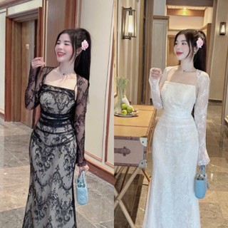 BIGSIZE HIẾU HIẾU (55-95KG) - Set váy body ren thiết kế Váy 2 dây cúp dáng dài + Áo khoác tay dài sang chảnh