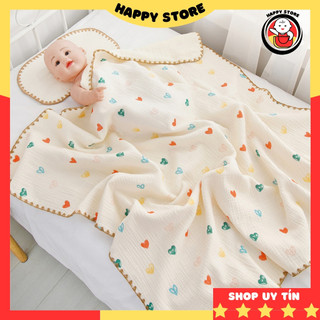 Chăn xô muslin cho bé sơ sinh 4 lớp sò viền len, khăn tắm cho bé sơ sinh đa năng mềm mại 105x110cm