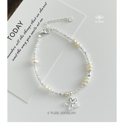 Lắc tay bạc nữ TLEE hạt bạc vỡ mix Trai nước ngọt tự nhiên treo Charm hoa xinh xắn TLEE JEWELRY LT0259