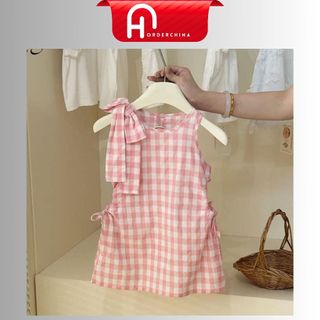 Váy kẻ caro hồng vai nơ cực xinh cho bé - HNOrderChina