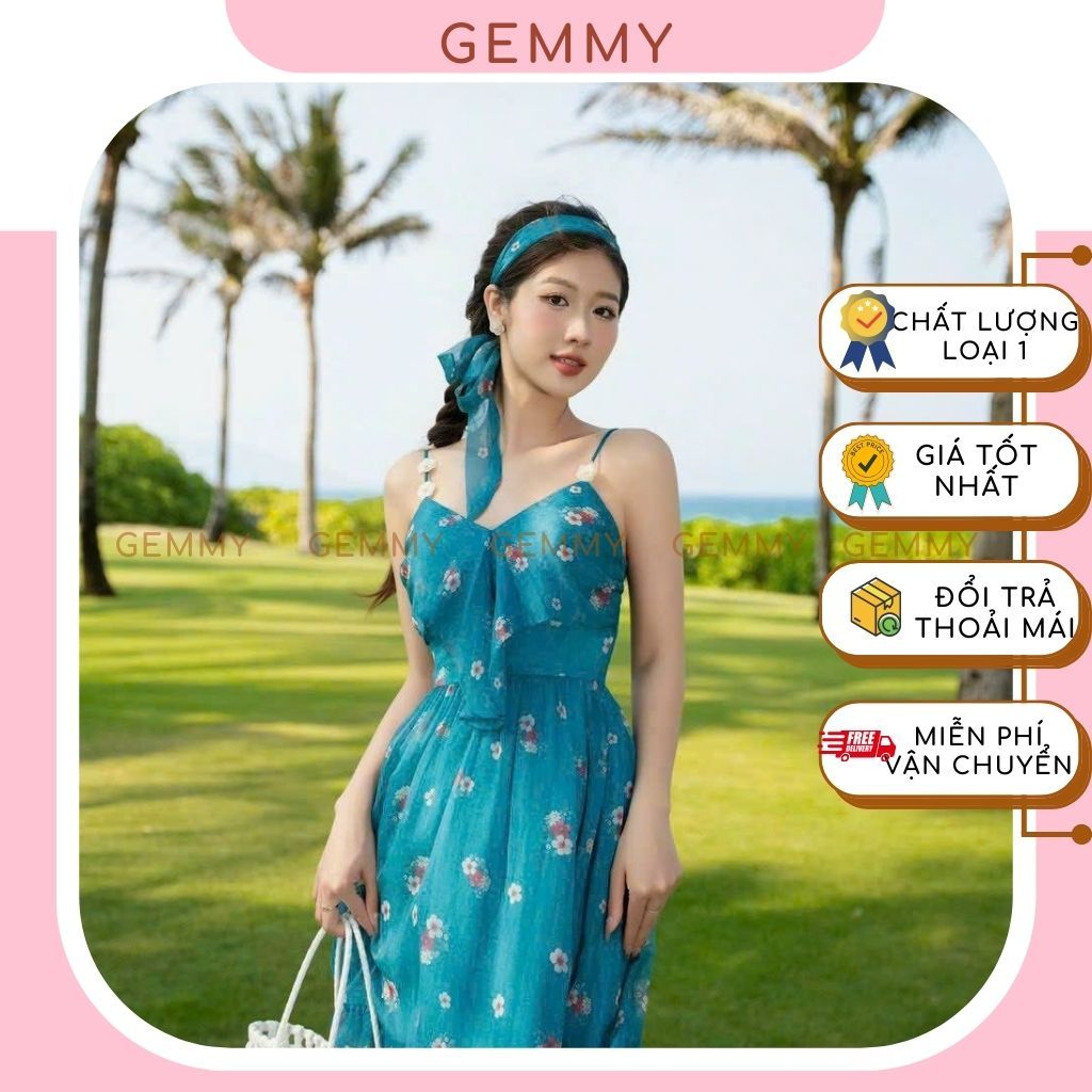Váy hoa nhí, váy maxi đi biển, váy hoa nhí 2 dây dáng dài sang chảnh may bèo trước ngực kèm băng đô 