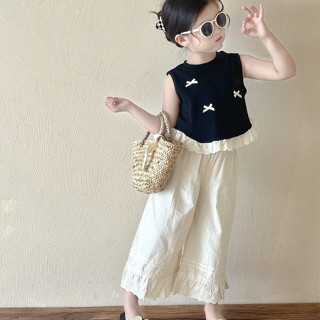   Size 9 - 46kg  Set bộ áo đen cotton đính nơ quần dài chất thô Hàn mềm mát bé gái đi học đi chơi đến 45kg 