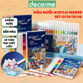Set bút Acrylic Marker Cao Cấp Decorme 12/24/36/48 Chống Nước Không Bị Nhoè Có Thể Vẽ Lên Đồ Vật Nhẵn , lau được