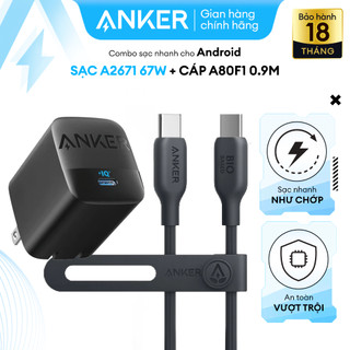 Combo Bộ Sạc Cáp Anker Công Suất 67W Power IQ 3.0 Sạc Nhanh iPhone 15 Series, Macbook, Laptop Dùng Cổng USB-C