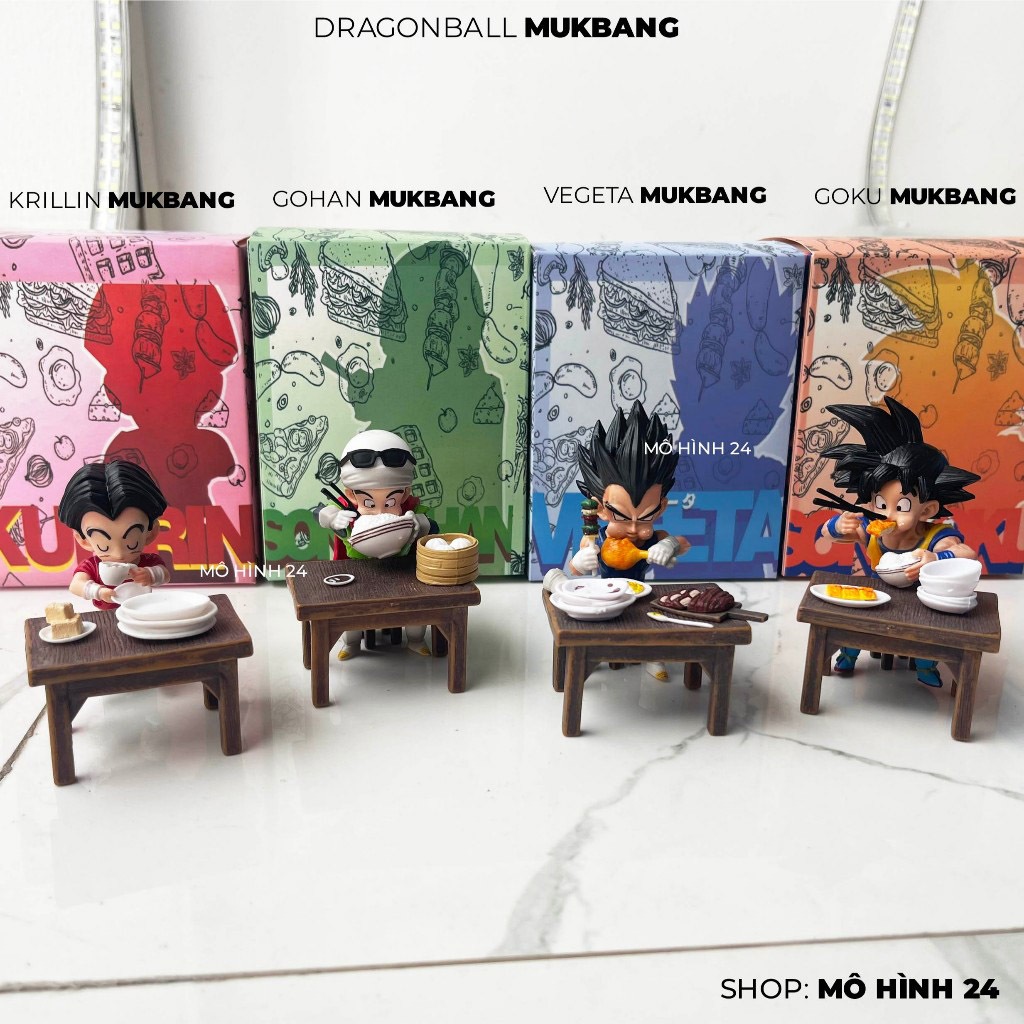 Mô hình nhân vật Dragonball Mukbang reunion flast figure Goku Vegeta krillin gohan chibi ngồi ăn dễ thương ham ăn dragon