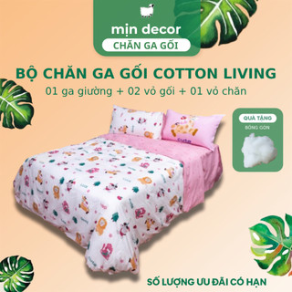 Bộ Chăn Ga Gối Cotton Living Mịn Decor Bo Chun 10cm-20cm, Ga Giường Cotton Kích Thước 1m2x2m 2mx2m2