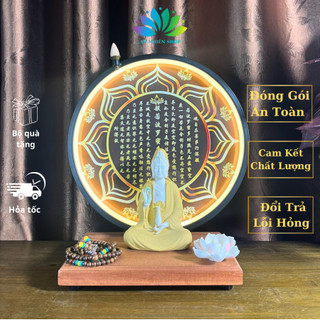 Bộ tượng quan âm chất liệu gốm tử sa kèm kệ đèn led hào quang cao cấp trang trí nhà cửa phong thủy an nhiên