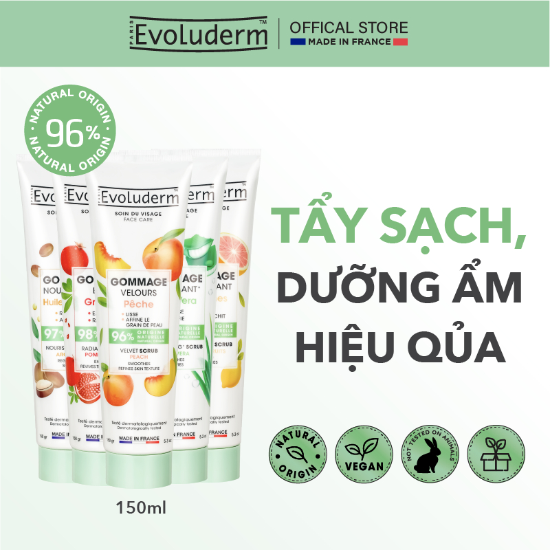 Tẩy tế bào chết mặt Evoluderm thiên nhiên thuần chay giúp làm sạch da, giảm mụn, trắng da 150ml (QT)